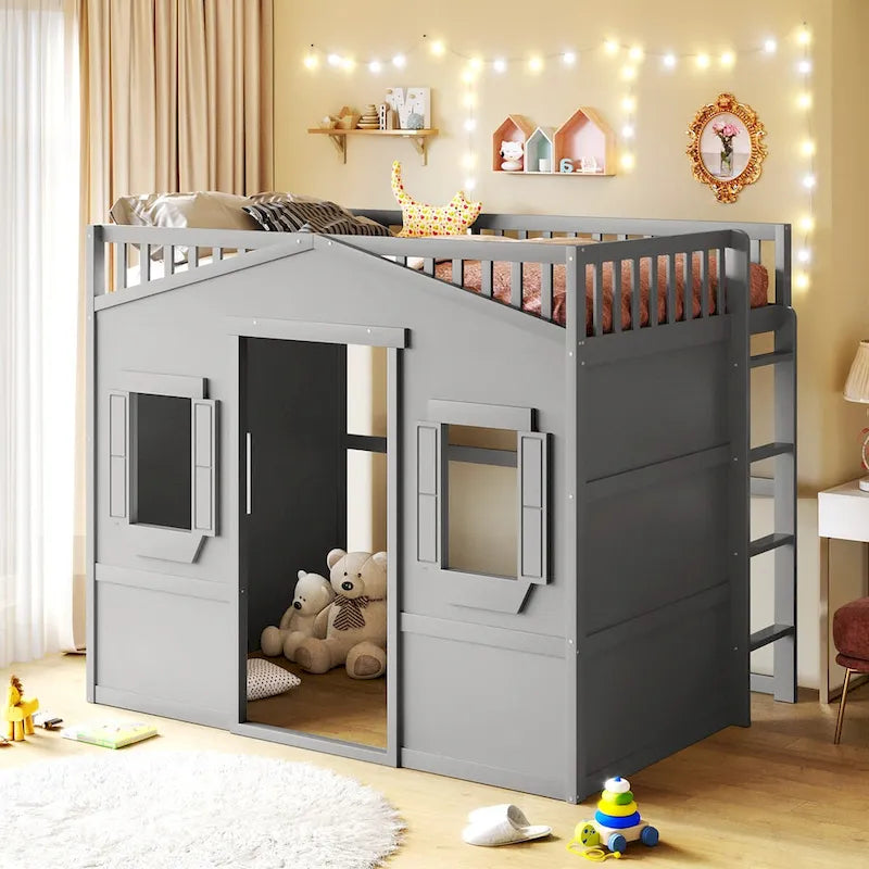 Lit mezzanine double en pin avec échelle intégrée, rangement sous le lit et garde-corps pleine longueur