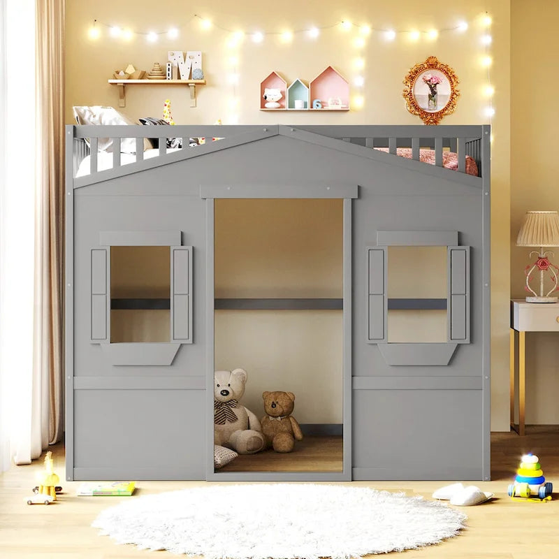 Lit mezzanine double en pin avec échelle intégrée, rangement sous le lit et garde-corps pleine longueur