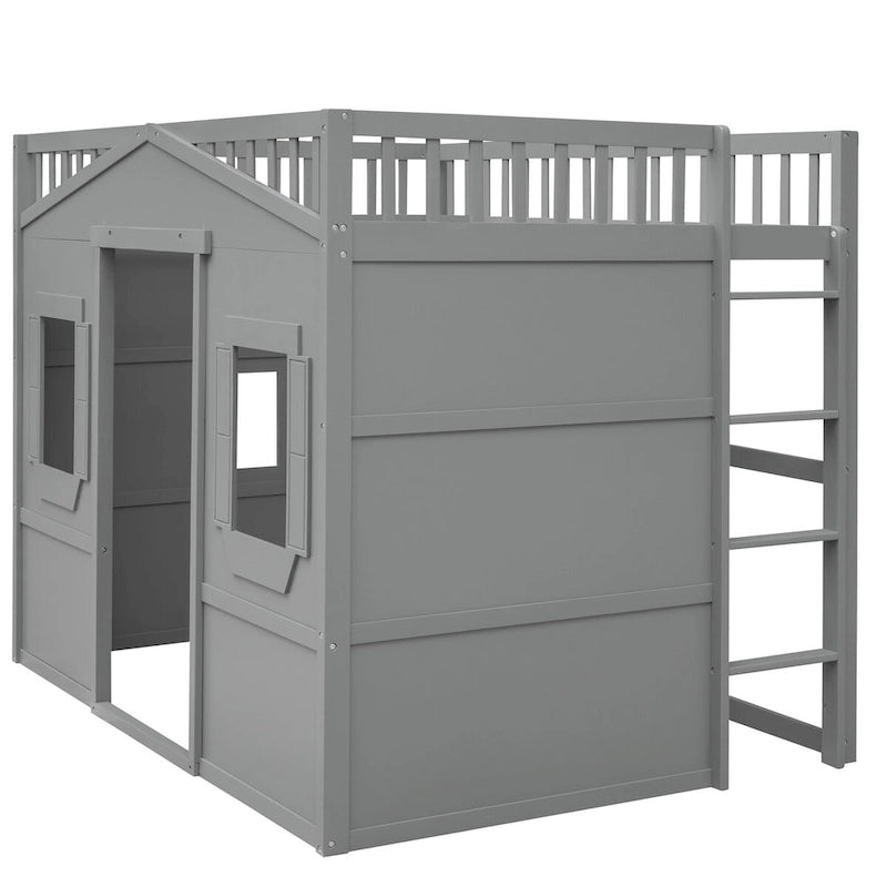 Lit mezzanine double en pin avec échelle intégrée, rangement sous le lit et garde-corps pleine longueur