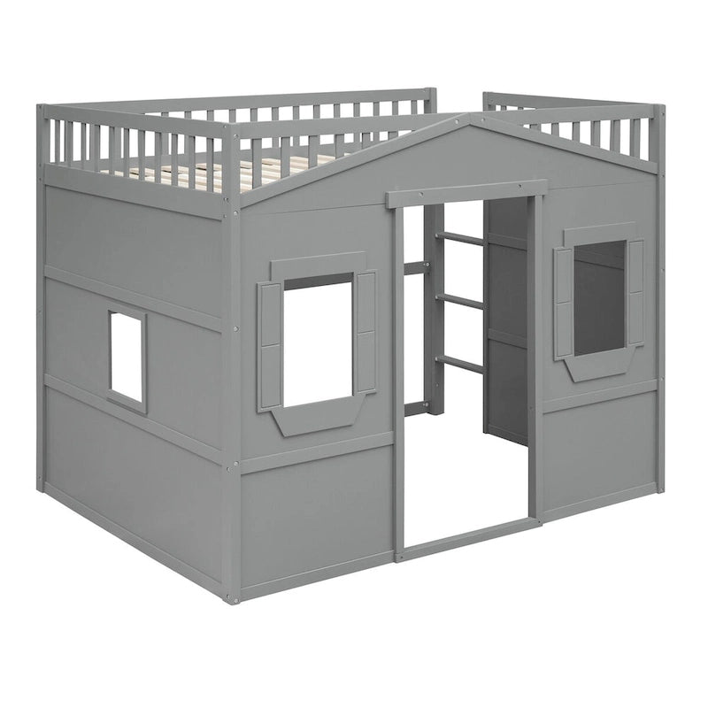Lit mezzanine double en pin avec échelle intégrée, rangement sous le lit et garde-corps pleine longueur