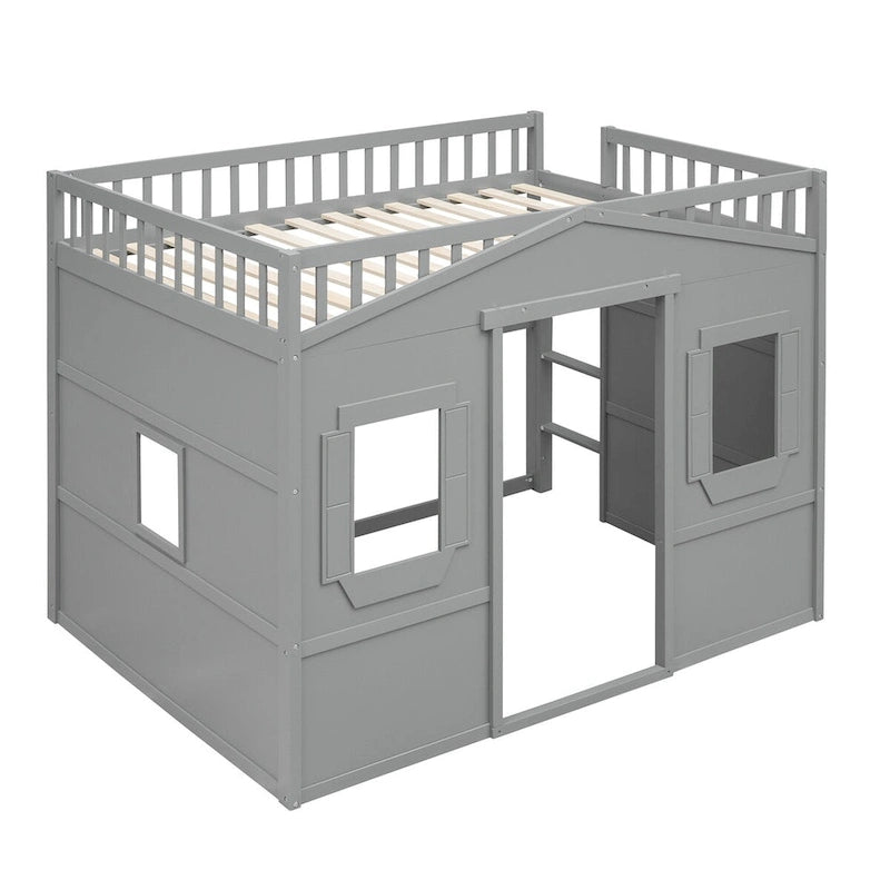 Lit mezzanine double en pin avec échelle intégrée, rangement sous le lit et garde-corps pleine longueur