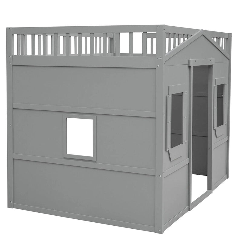 Lit mezzanine double en pin avec échelle intégrée, rangement sous le lit et garde-corps pleine longueur