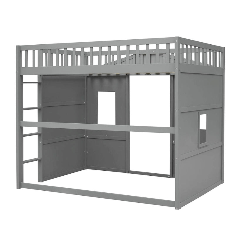 Lit mezzanine double en pin avec échelle intégrée, rangement sous le lit et garde-corps pleine longueur