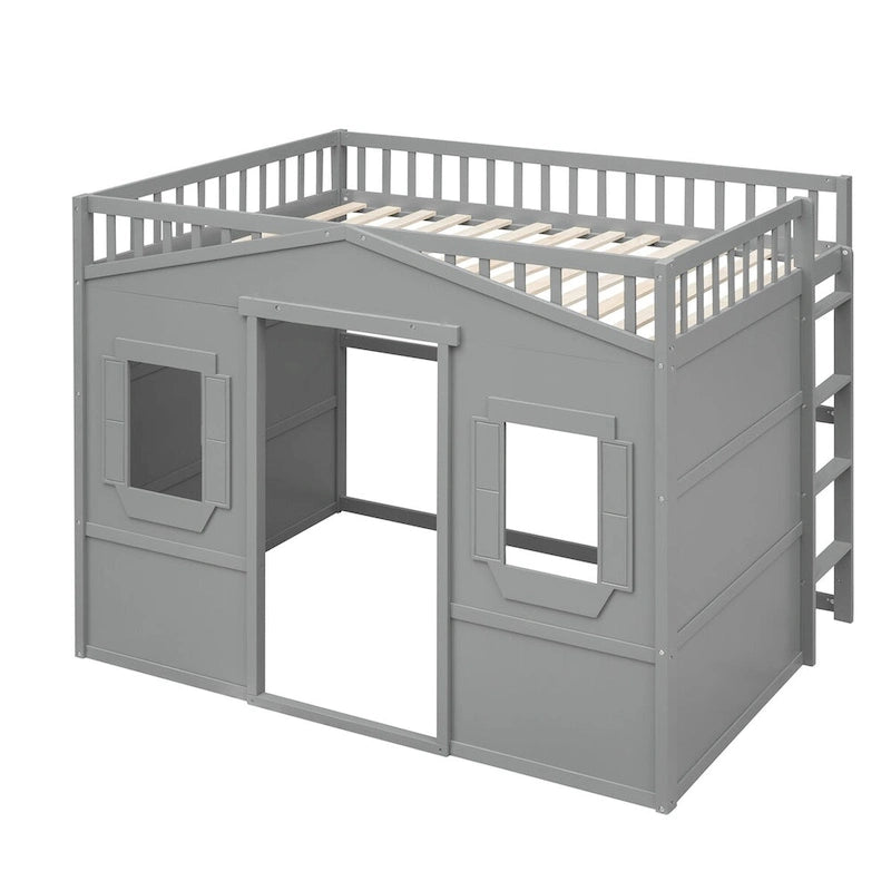 Lit mezzanine double en pin avec échelle intégrée, rangement sous le lit et garde-corps pleine longueur