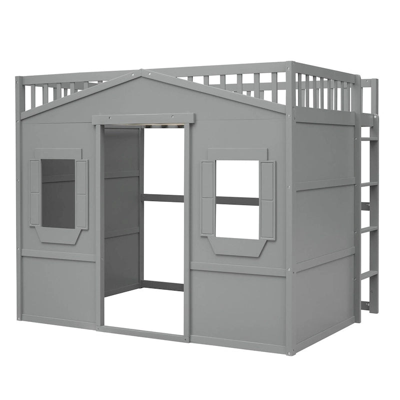 Lit mezzanine double en pin avec échelle intégrée, rangement sous le lit et garde-corps pleine longueur