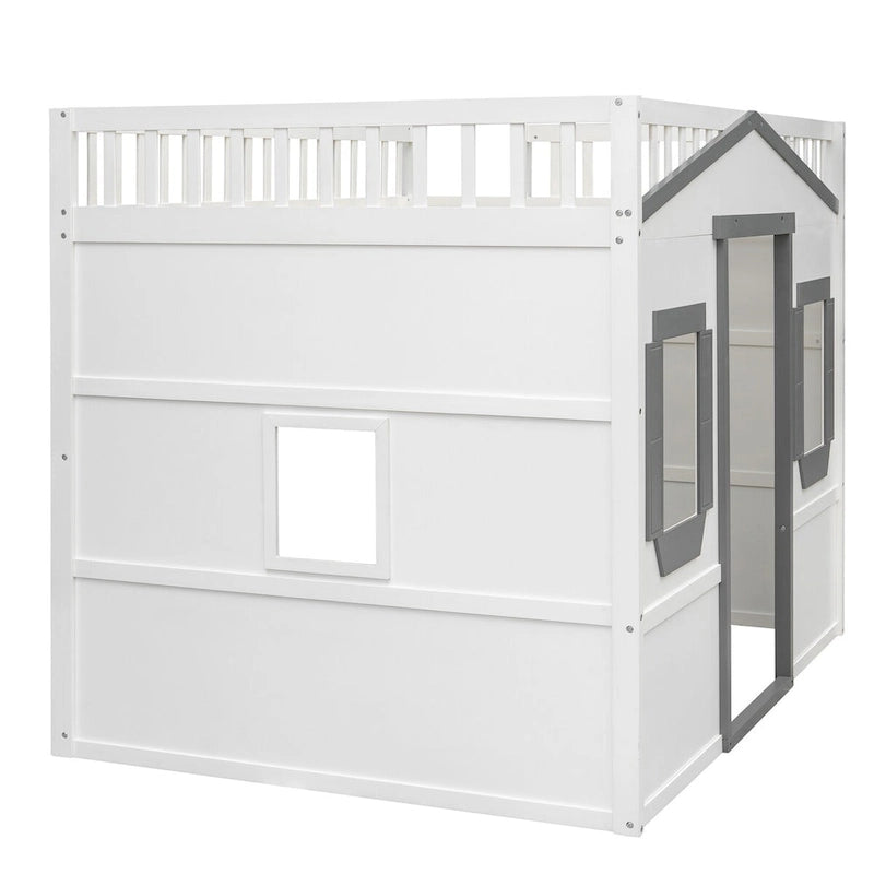Lit mezzanine double en pin avec échelle intégrée, rangement sous le lit et garde-corps pleine longueur