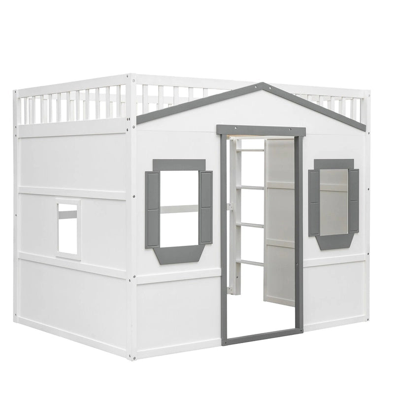 Lit mezzanine double en pin avec échelle intégrée, rangement sous le lit et garde-corps pleine longueur