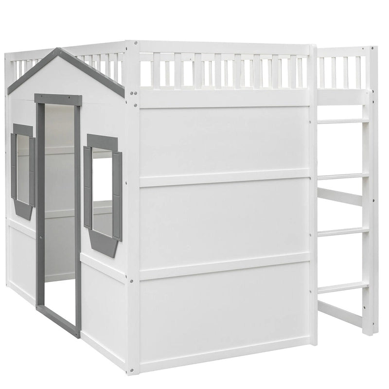 Lit mezzanine double en pin avec échelle intégrée, rangement sous le lit et garde-corps pleine longueur