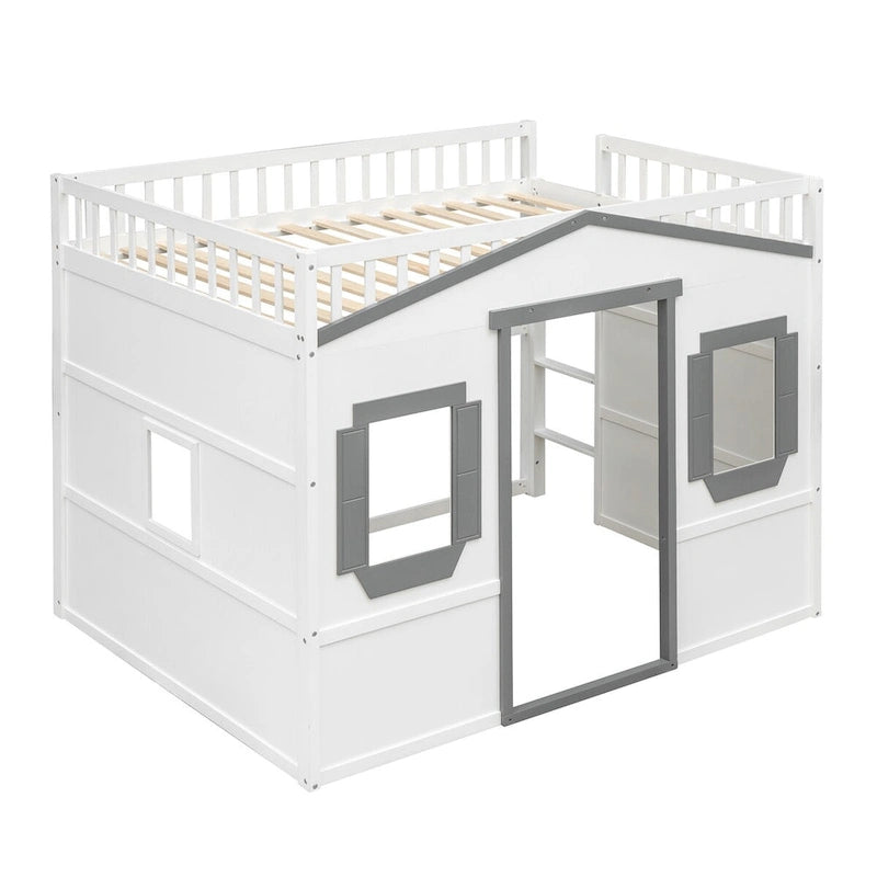 Lit mezzanine double en pin avec échelle intégrée, rangement sous le lit et garde-corps pleine longueur