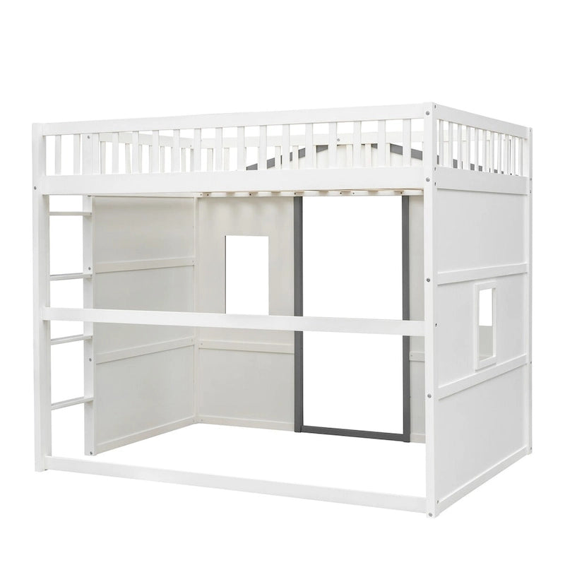 Lit mezzanine double en pin avec échelle intégrée, rangement sous le lit et garde-corps pleine longueur
