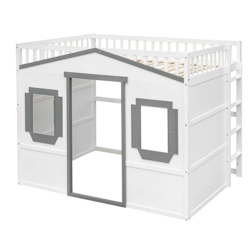 Lit mezzanine double en pin avec échelle intégrée, rangement sous le lit et garde-corps pleine longueur