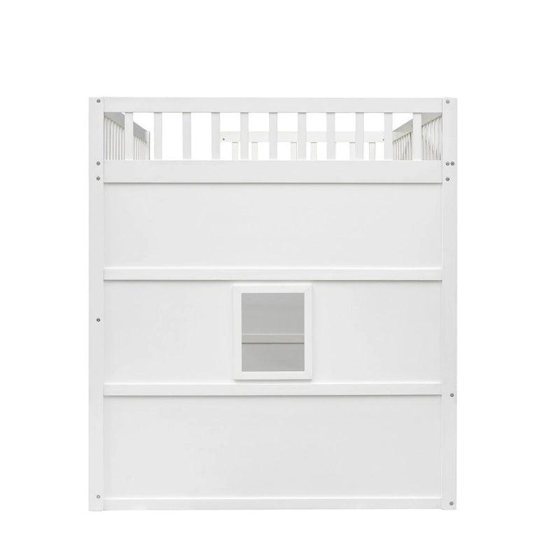 Lit mezzanine double en pin avec échelle intégrée, rangement sous le lit et garde-corps pleine longueur
