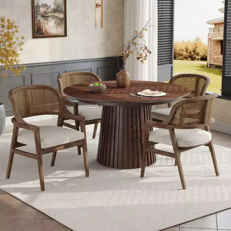 Ensemble de salle à manger extensible 5 pièces Christopher Knight Home Bennett Mid-Century Modern en bois avec table et 4 chaises rembourrées à dossier en rotin