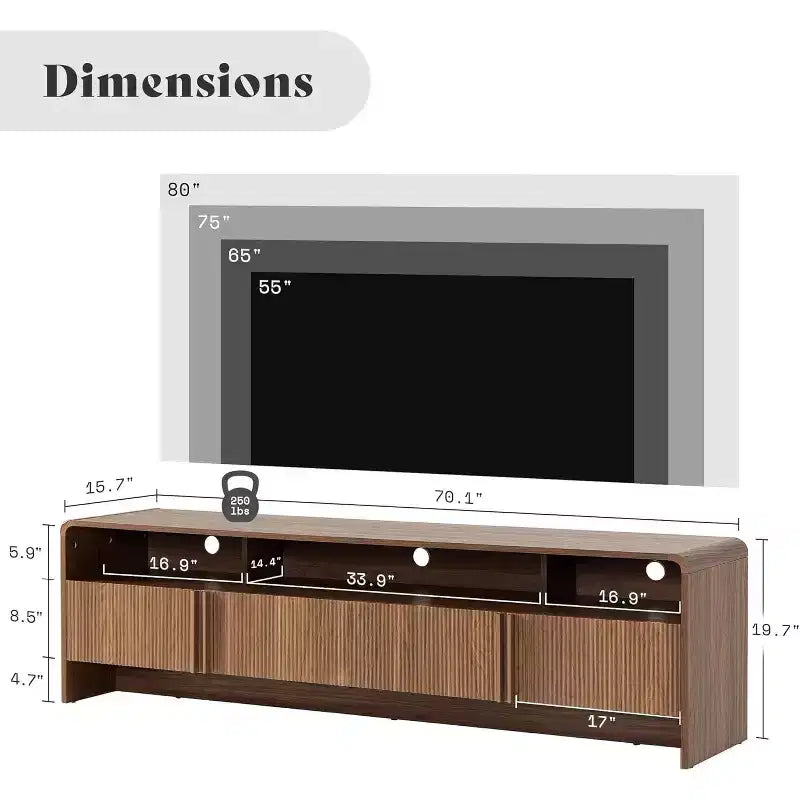 Meuble TV moderne AMERLIFE 70 avec design cannelé et armoires de rangement, pour téléviseurs jusqu'à 80 pouces, meuble TV en bois pour salon
