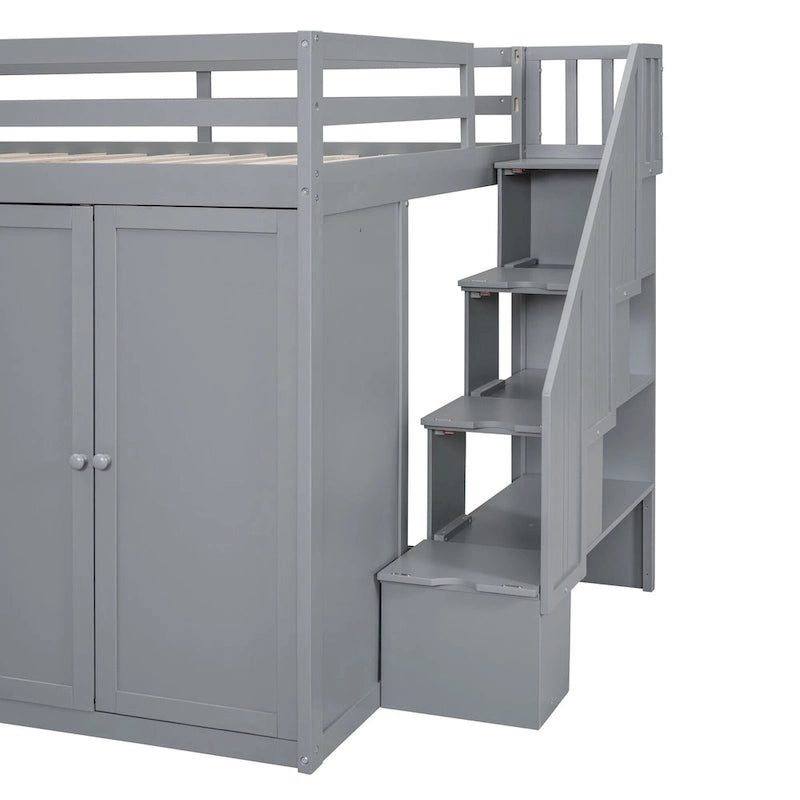 Lit mezzanine en bois gris, taille standard, avec penderies, tiroirs et escalier de rangement